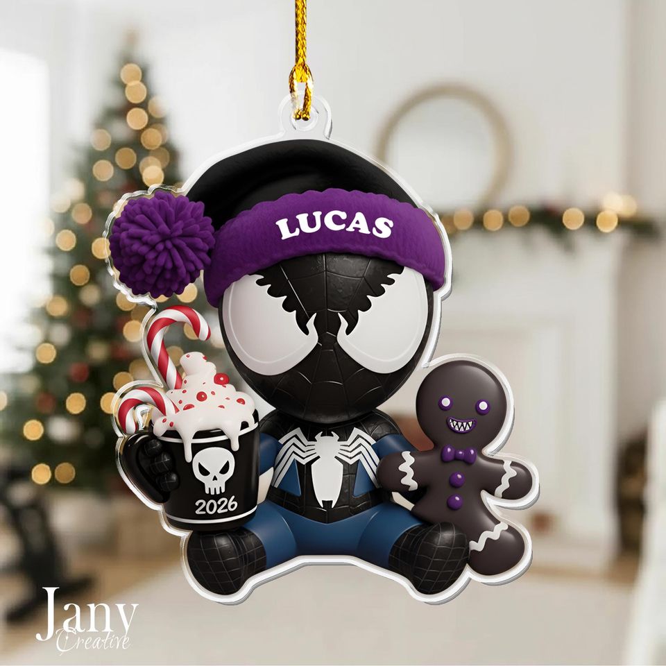 Personalized Black Spiderman Ornament:  Custom Name Acrylic Christmas Decoration