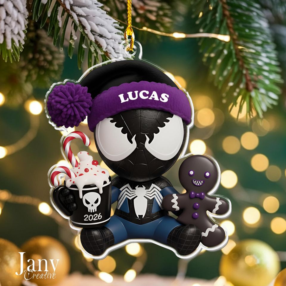 Personalized Black Spiderman Ornament:  Custom Name Acrylic Christmas Decoration