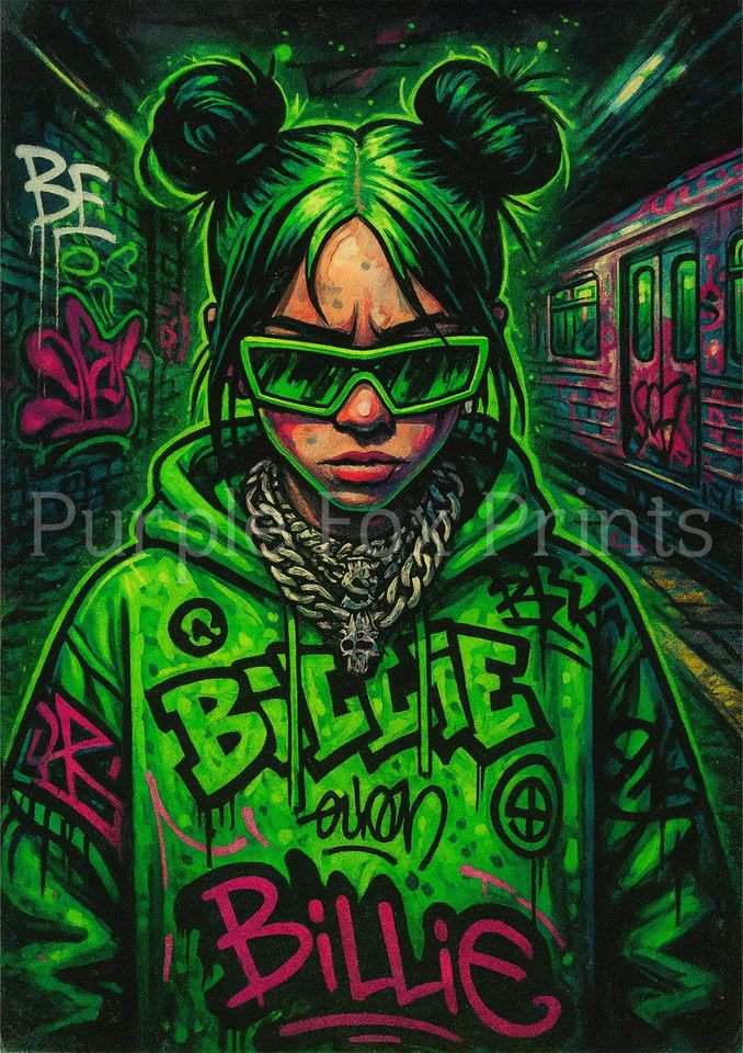 Billie Eilish Graffiti Art Print Neon Retro Vertical Poster