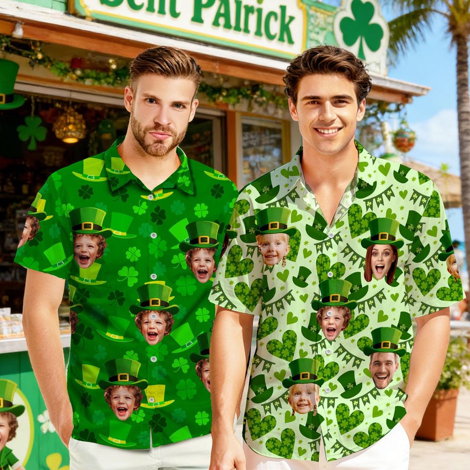 Personalized St Patrick Hawaiian Shirt with Face, Custom Lucky Shamrock Button Shirt