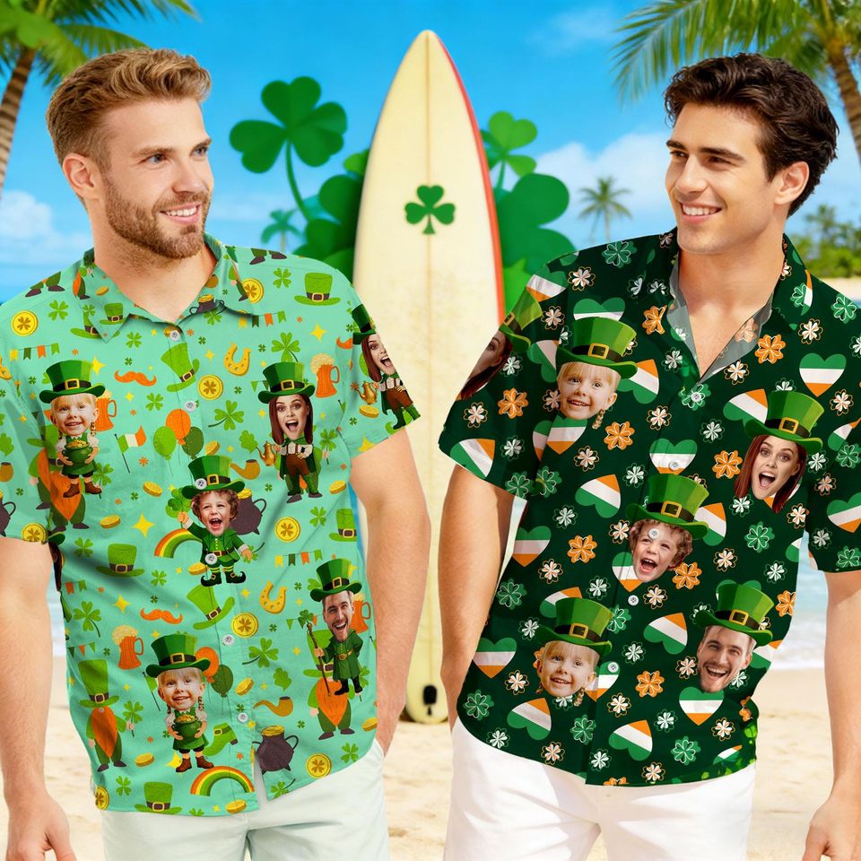 Personalized St Patrick Hawaiian Shirt with Face, Custom Lucky Shamrock Button Shirt