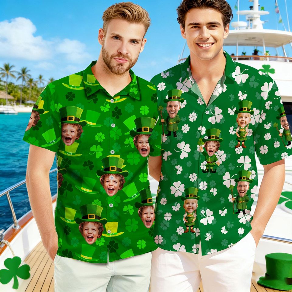 Personalized St Patrick Hawaiian Shirt with Face, Custom Lucky Shamrock Button Shirt