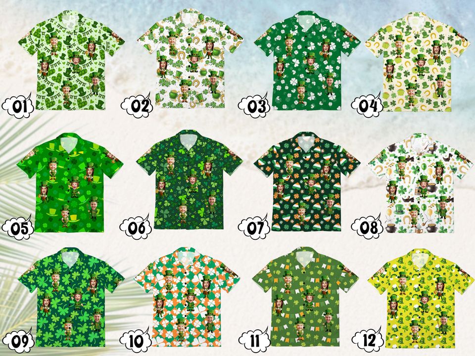 Personalized St Patrick Hawaiian Shirt with Face, Custom Lucky Shamrock Button Shirt