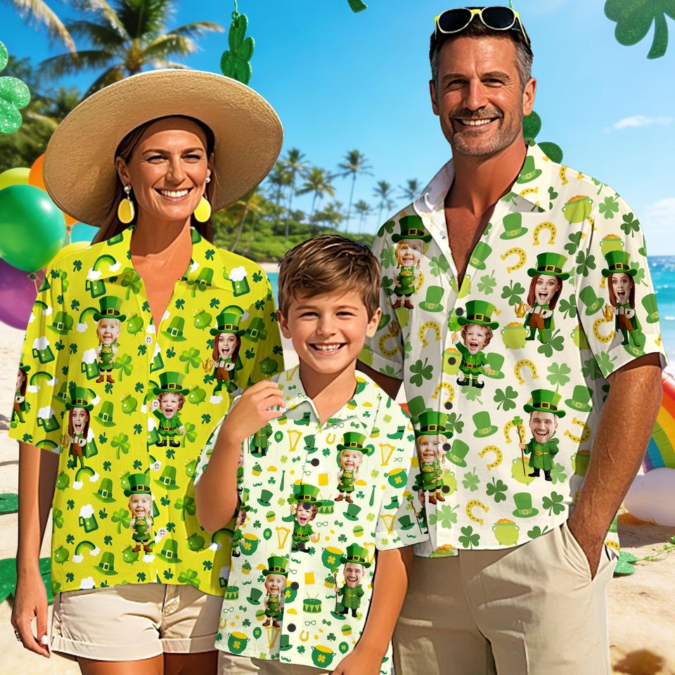Personalized St Patrick Hawaiian Shirt with Face, Custom Lucky Shamrock Button Shirt