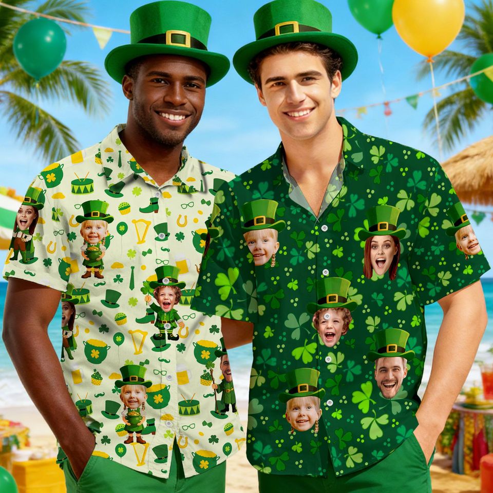 Personalized St Patrick Hawaiian Shirt with Face, Custom Lucky Shamrock Button Shirt