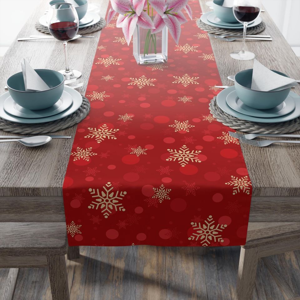 Red Christmas Table Runner  Gold Snowflakes Holiday Decor