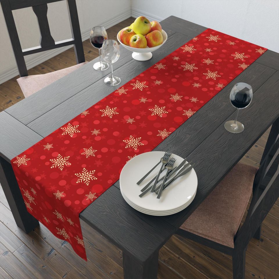 Red Christmas Table Runner  Gold Snowflakes Holiday Decor