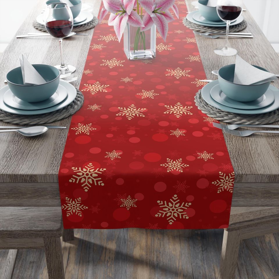 Red Christmas Table Runner  Gold Snowflakes Holiday Decor