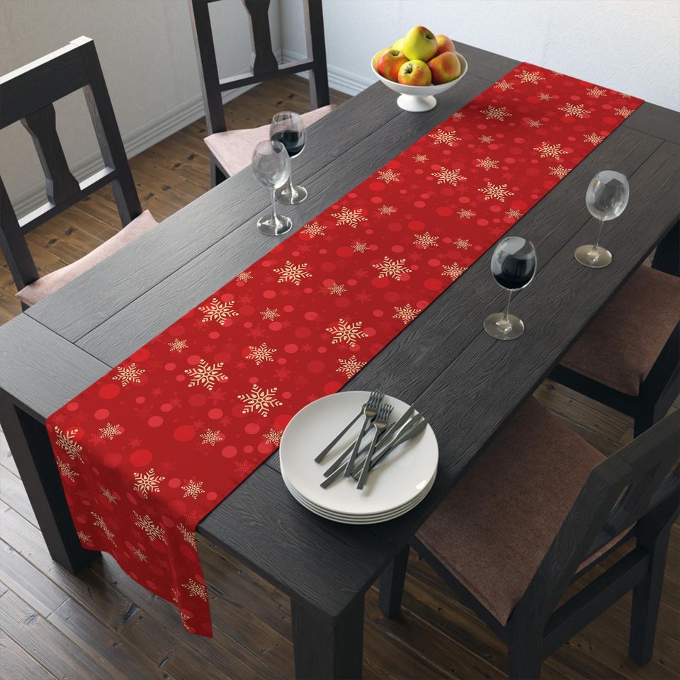 Red Christmas Table Runner  Gold Snowflakes Holiday Decor