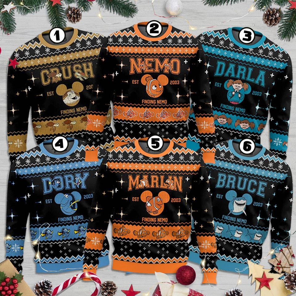 Finding Nemo Ugly Christmas Sweater, Santa Nemo Dory Marlin Christmas Sweatshirt