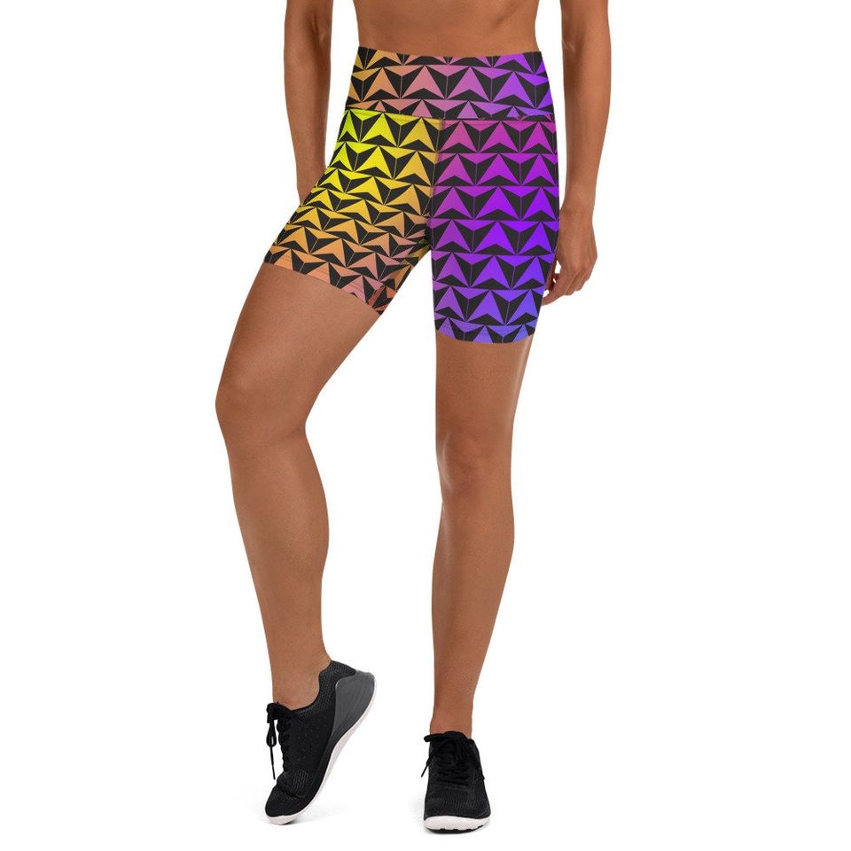 Neon Spaceship World Yoga Shorts- Running Costume, Bounding, Trip Wear