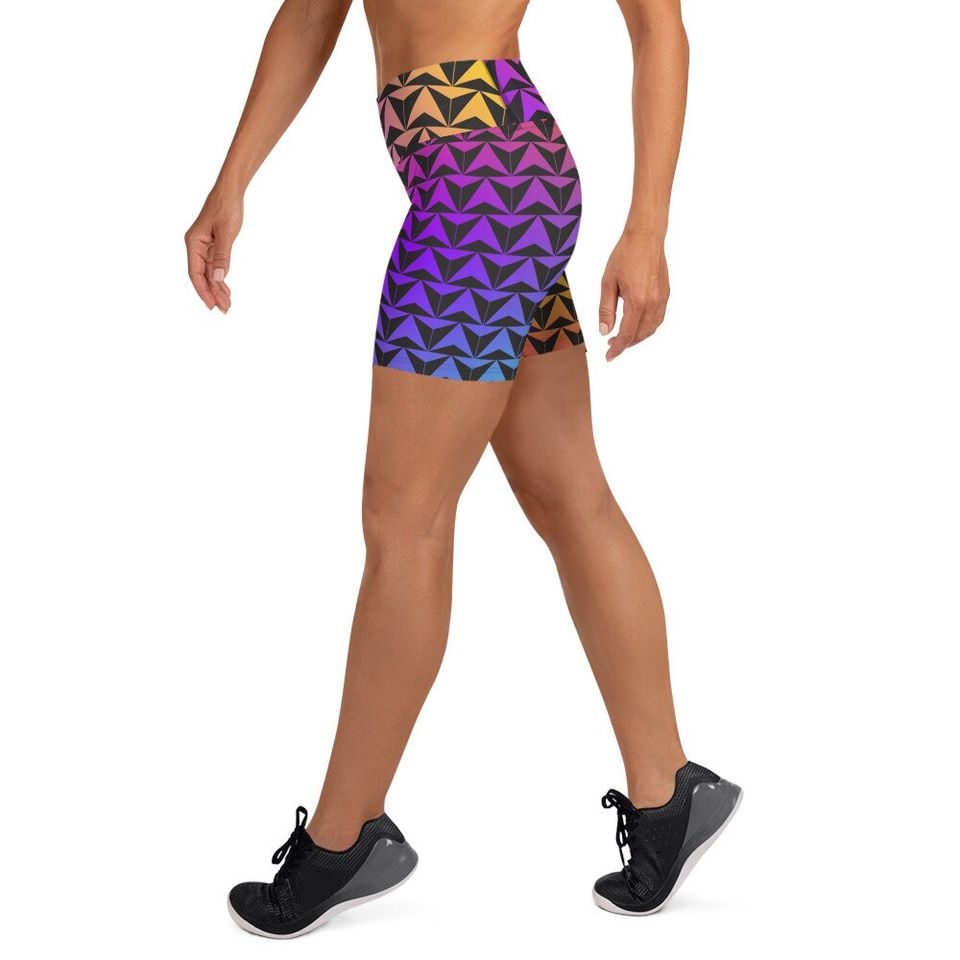 Neon Spaceship World Yoga Shorts- Running Costume, Bounding, Trip Wear