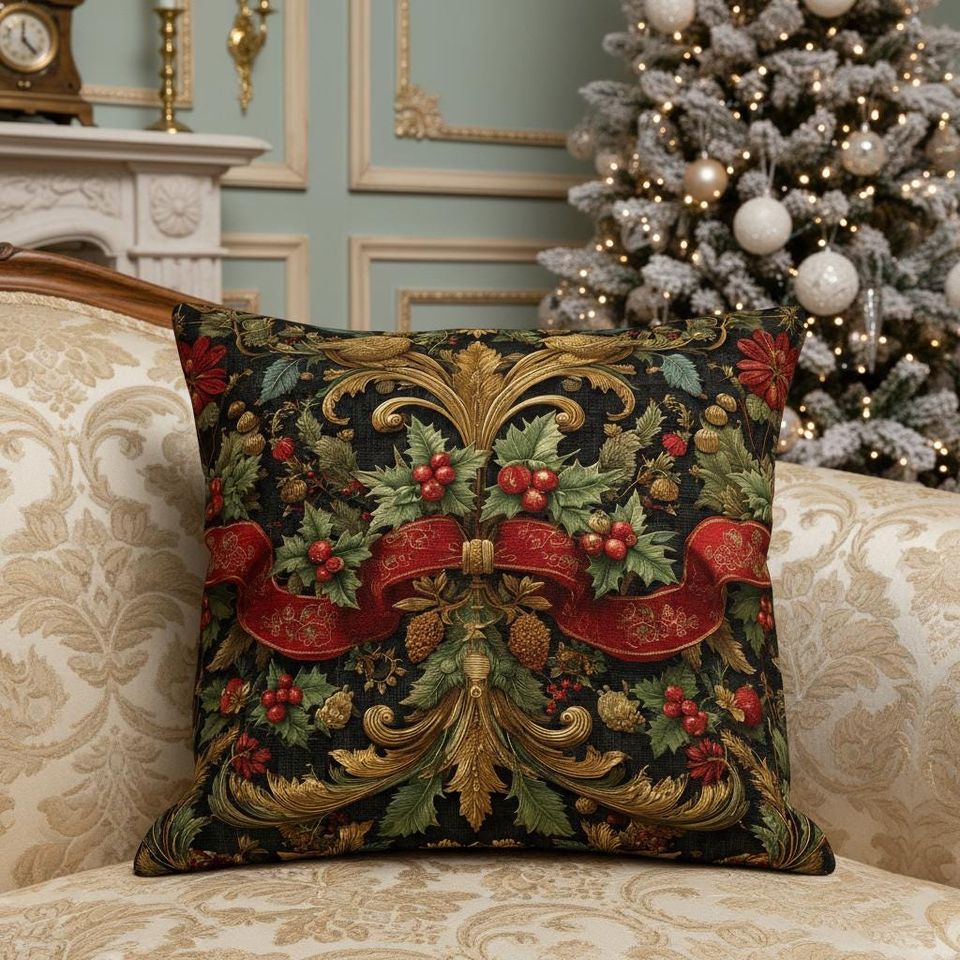 Victorian Christmas Pillow  Baroque Holly & Red Ribbon Cushion