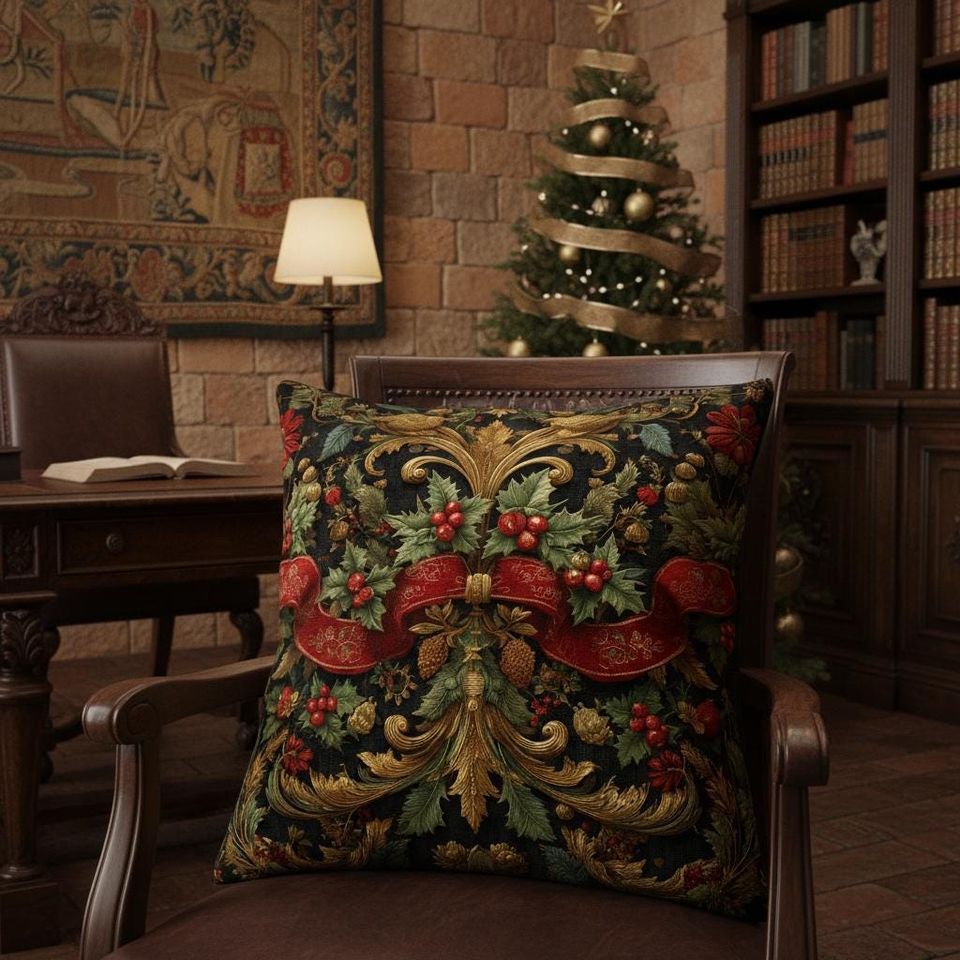 Victorian Christmas Pillow  Baroque Holly & Red Ribbon Cushion