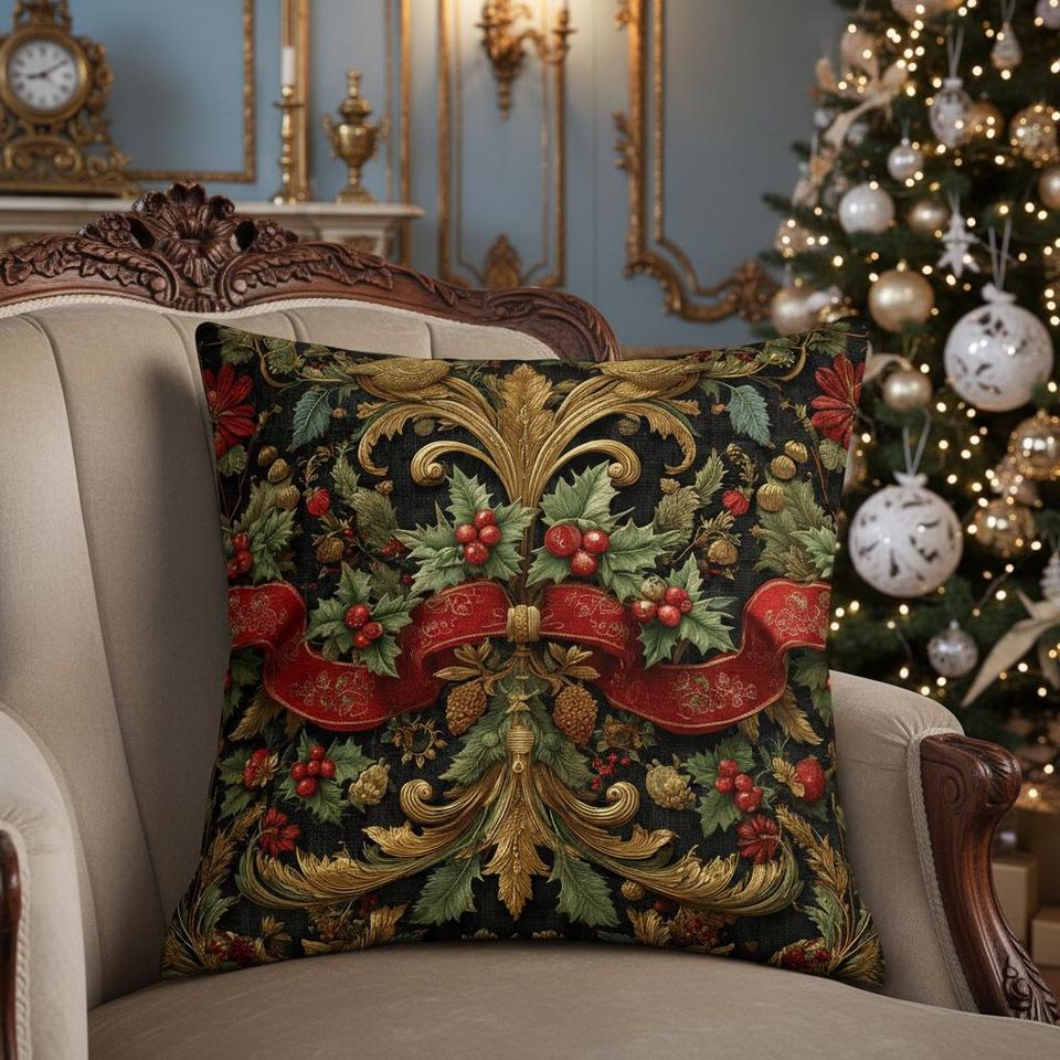 Victorian Christmas Pillow  Baroque Holly & Red Ribbon Cushion