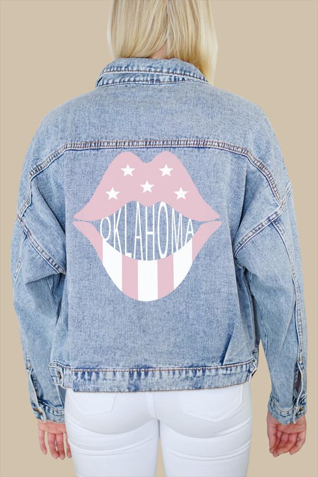 Oklahoma Rose Pink Lips Print Denim Jacket