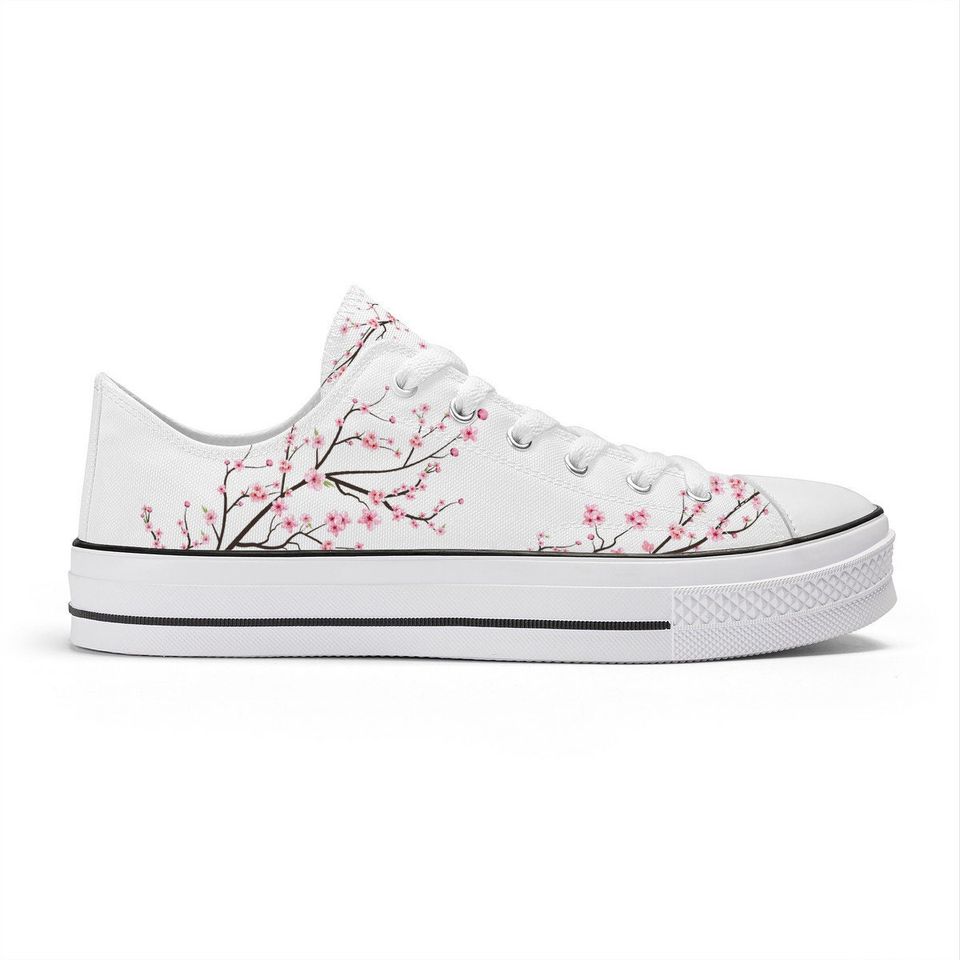 Snow White Unisex Cherry Blossom flower Converse style Low tops, Original Sakura shoes for him, Women Low top sneakers, Kawaii shoes