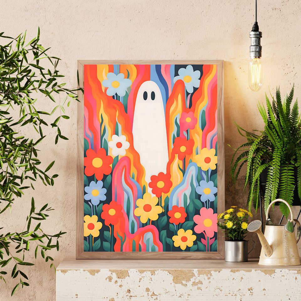 Groovy Ghost - Retro Vibrant Colorful Flowers and Ghosts Print