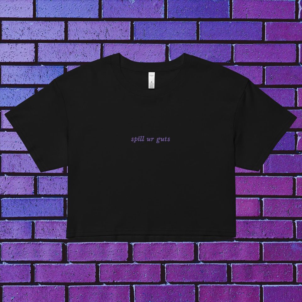 purple embroidered spill ur guts olivia rodrigo crop top