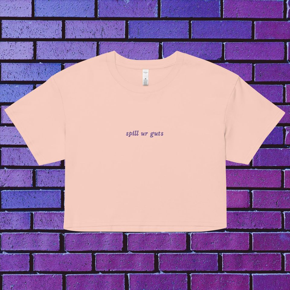 purple embroidered spill ur guts olivia rodrigo crop top