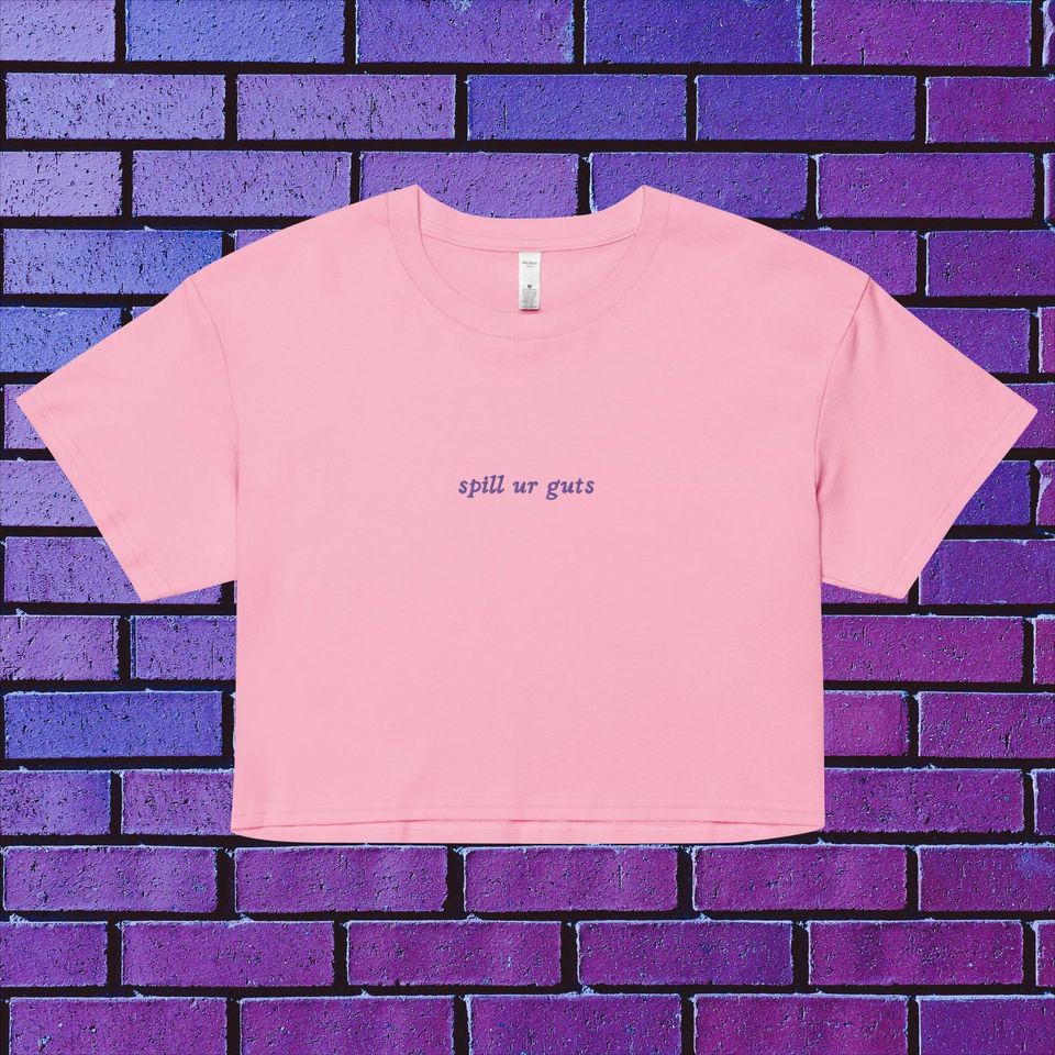 purple embroidered spill ur guts olivia rodrigo crop top