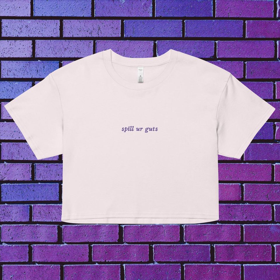 purple embroidered spill ur guts olivia rodrigo crop top