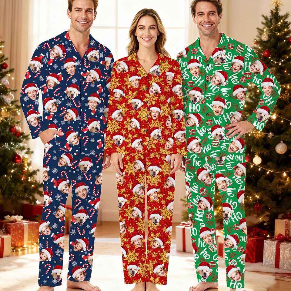 Personalized Christmas Pajamas: Face/Photo V-Neck PJs Set