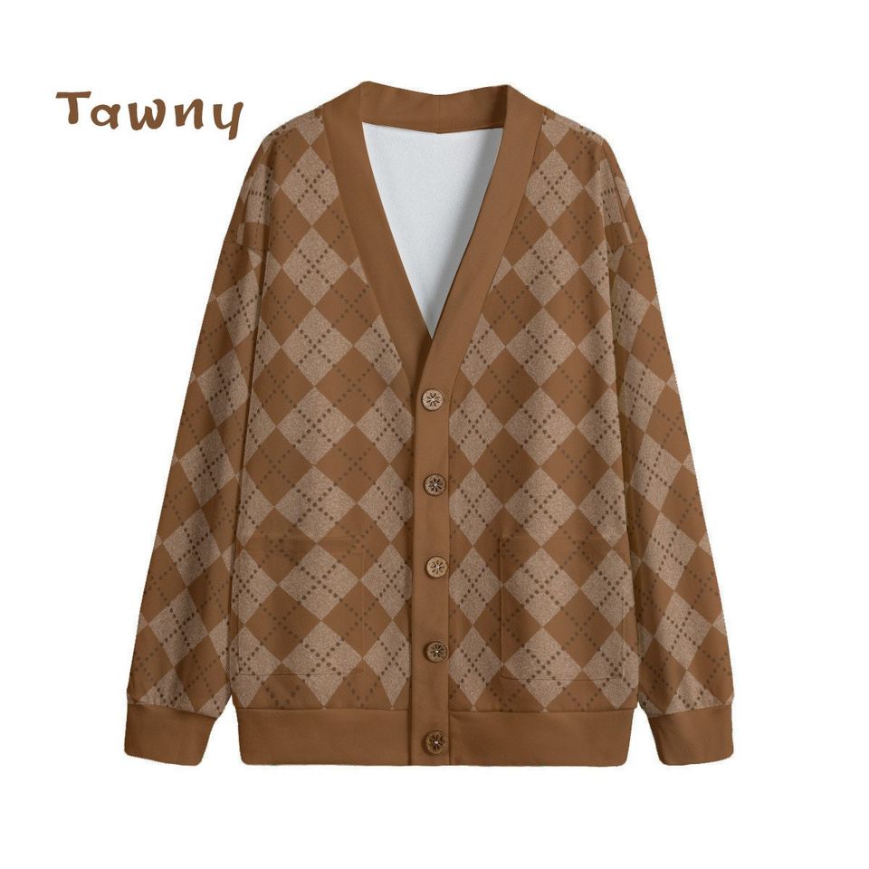 Ode to Brown Argyle Diamond Print Unisex V-Neck Print Cardigan