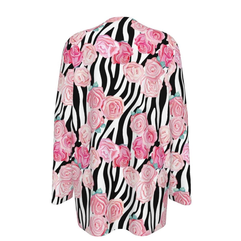 Pink Roses over Zebra Print | Women's Patch Cardigan WITHOUT POCKET