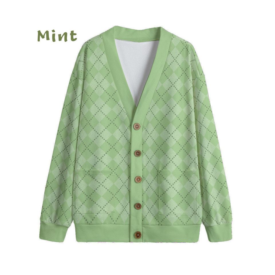 Ode to Green Argyle Diamond Print V-Neck Print Cardigan Unisex