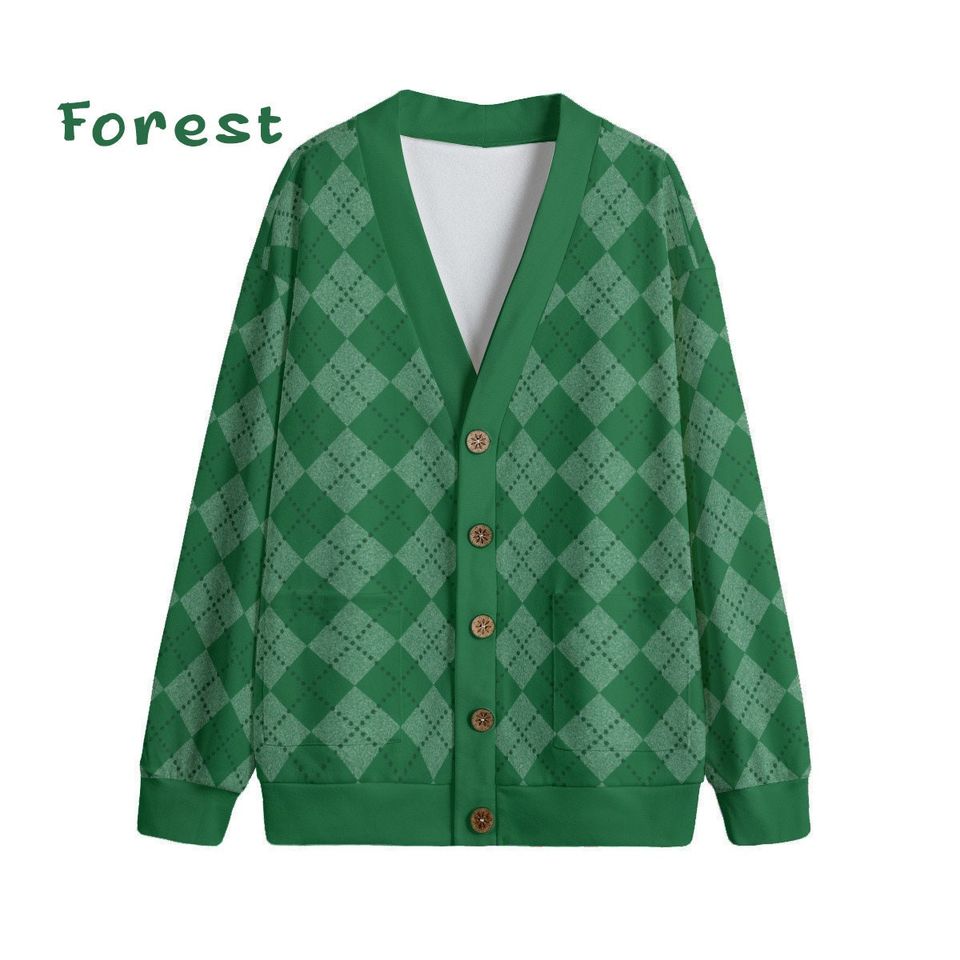 Ode to Green Argyle Diamond Print V-Neck Print Cardigan Unisex