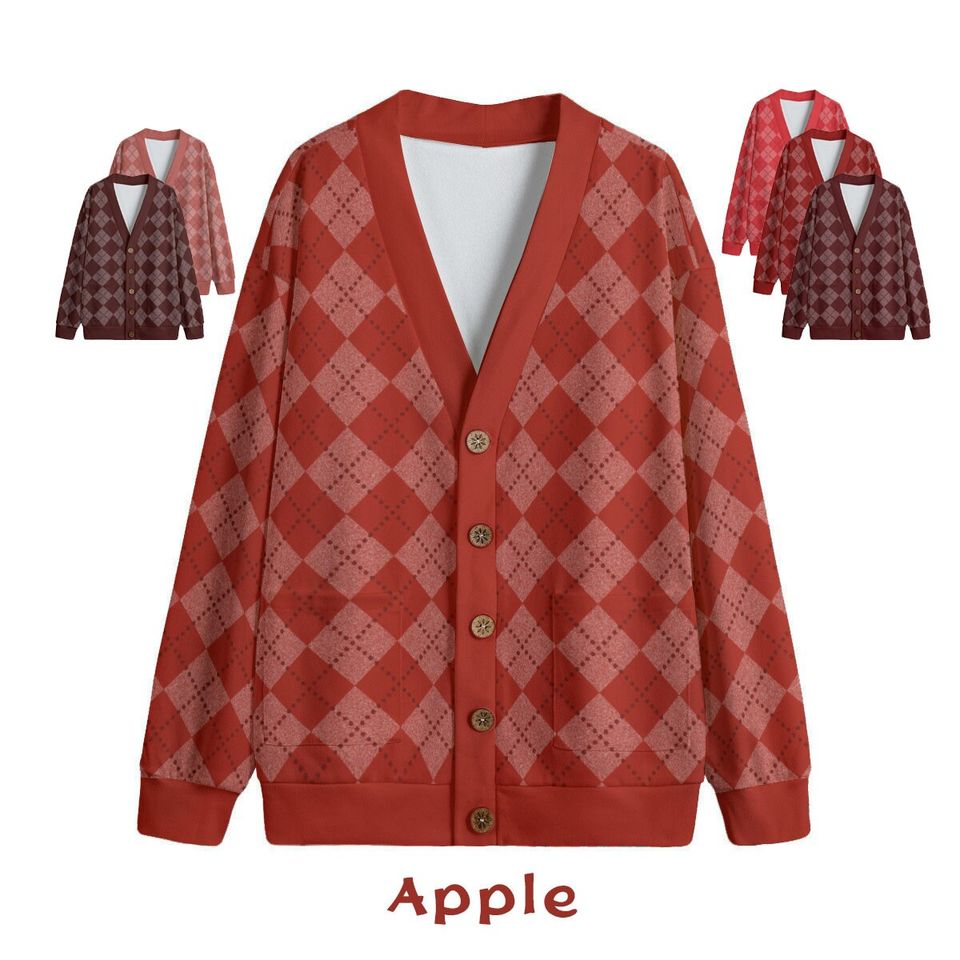 Ode to Red Argyle Diamond Print V-Neck Print Cardigan