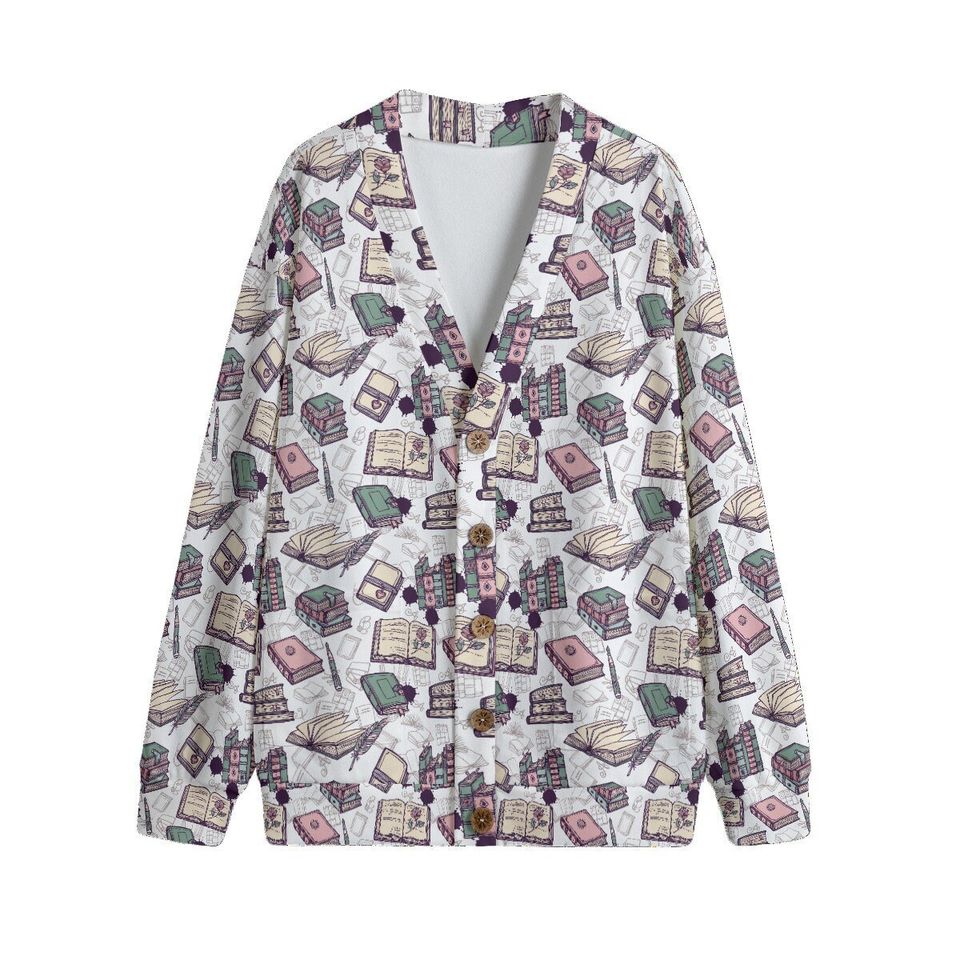 Bookworm Library Fan V-neck Print Cardigan for Women and Men