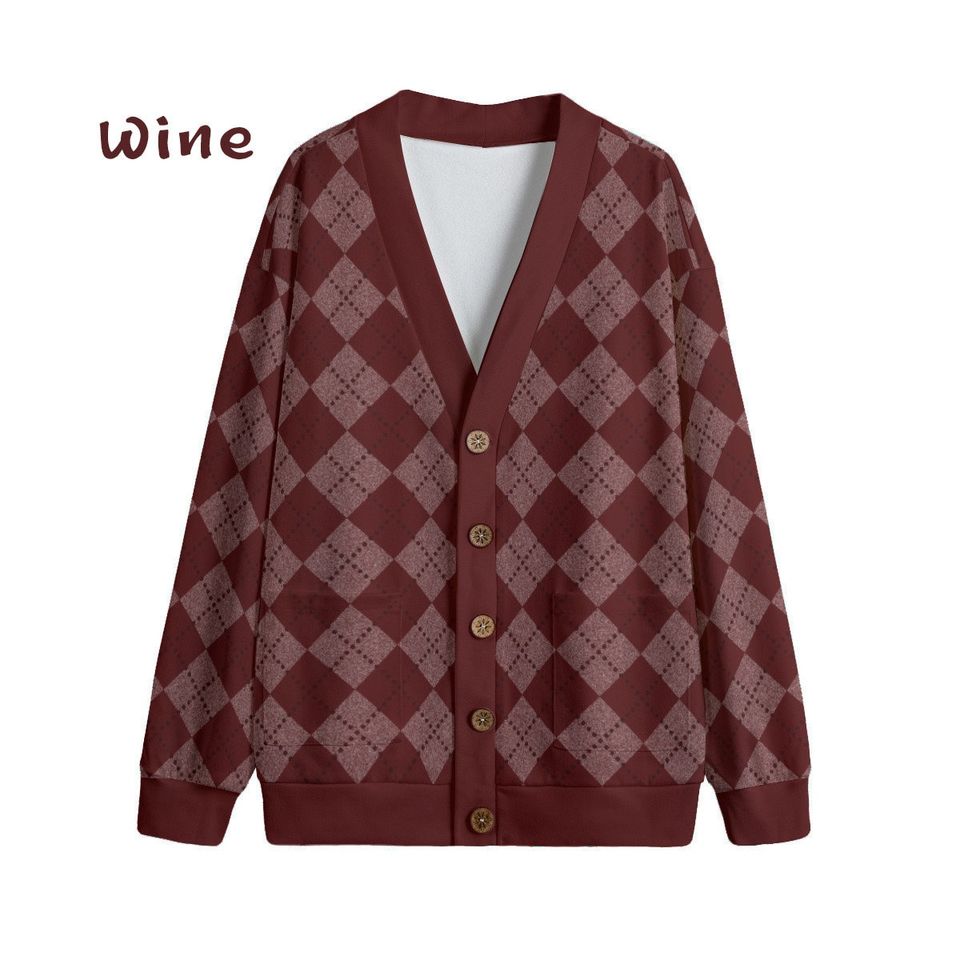 Ode to Red Argyle Diamond Print V-Neck Print Cardigan