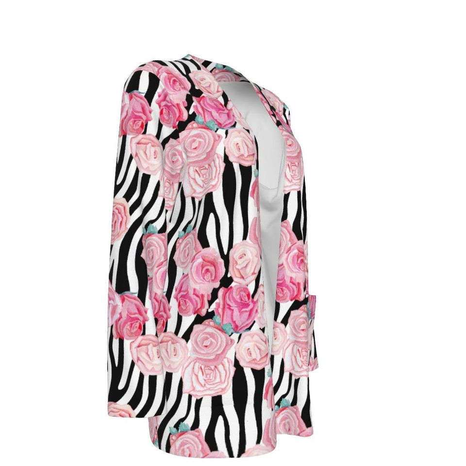 Pink Roses over Zebra Print | Women's Patch Cardigan WITHOUT POCKET