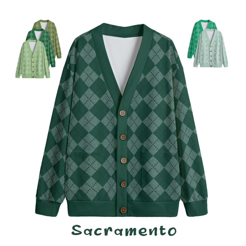 Ode to Green Argyle Diamond Print V-Neck Print Cardigan Unisex