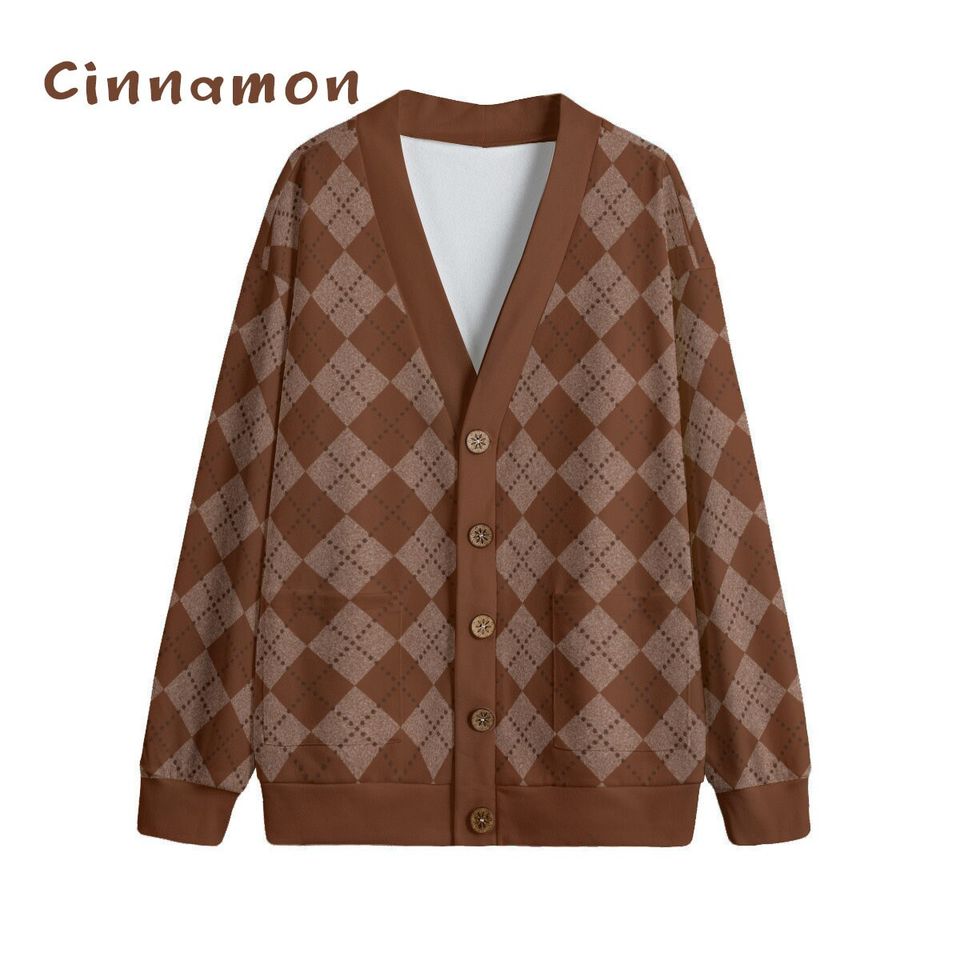 Ode to Brown Argyle Diamond Print Unisex V-Neck Print Cardigan