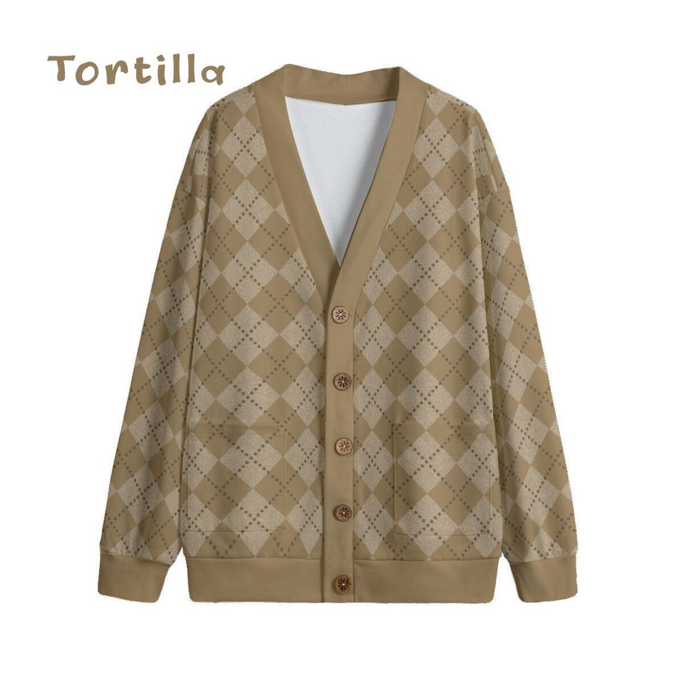 Ode to Brown Argyle Diamond Print Unisex V-Neck Print Cardigan