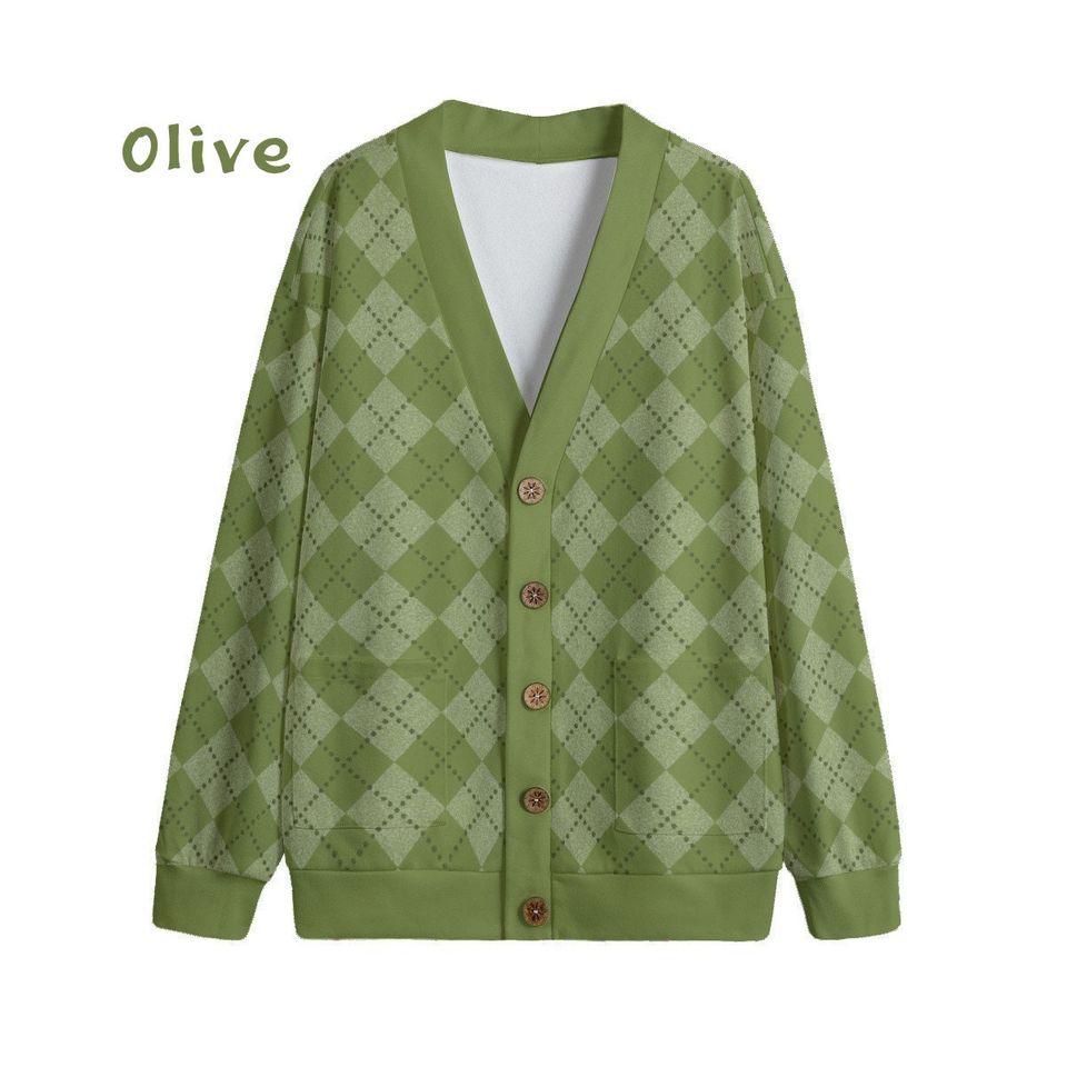 Ode to Green Argyle Diamond Print V-Neck Print Cardigan Unisex