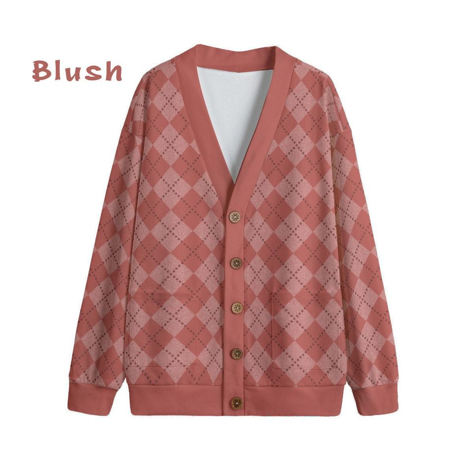Ode to Red Argyle Diamond Print V-Neck Print Cardigan