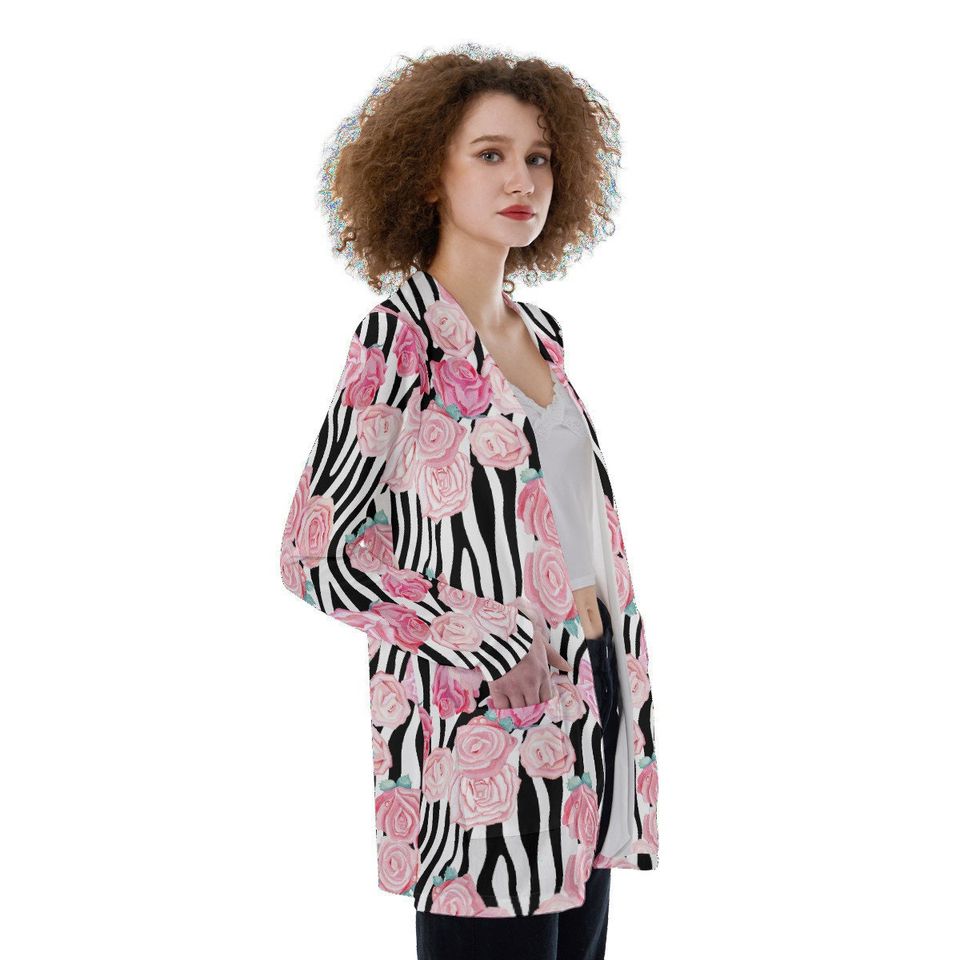 Pink Roses over Zebra Print | Women's Patch Cardigan WITHOUT POCKET