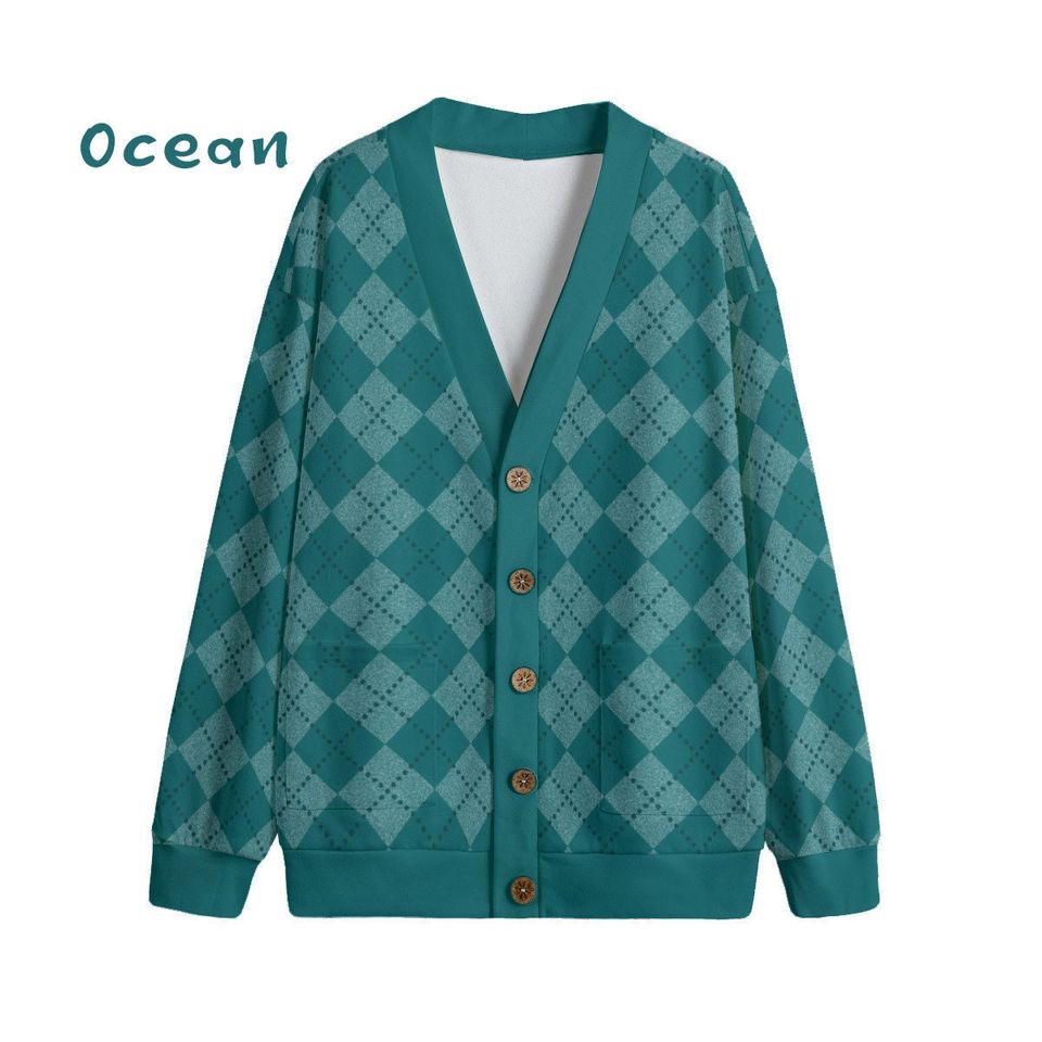 Ode to Blue Argyle Diamond Print V-Neck Print Cardigan