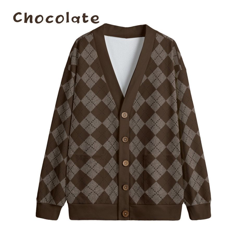 Ode to Brown Argyle Diamond Print Unisex V-Neck Print Cardigan