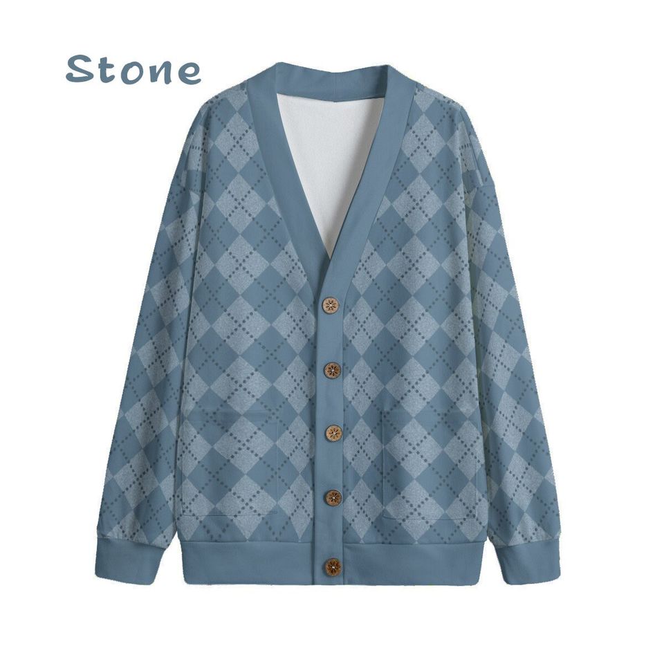 Ode to Blue Argyle Diamond Print V-Neck Print Cardigan