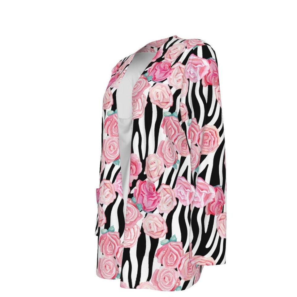 Pink Roses over Zebra Print | Women's Patch Cardigan WITHOUT POCKET