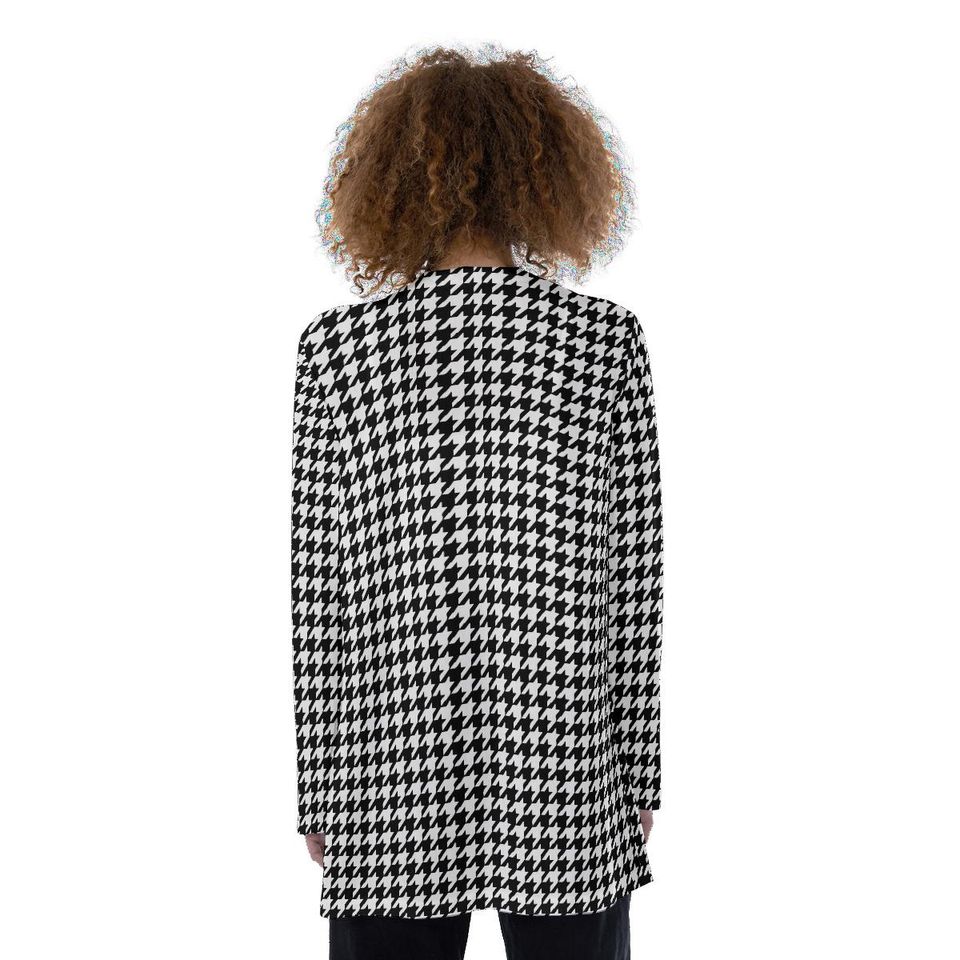 Black & White Houndstooth All-Over Print Women's Patch Cardigan