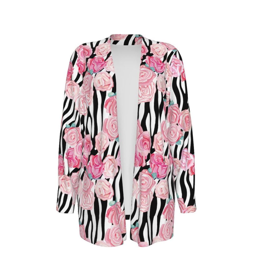 Pink Roses over Zebra Print | Women's Patch Cardigan WITHOUT POCKET