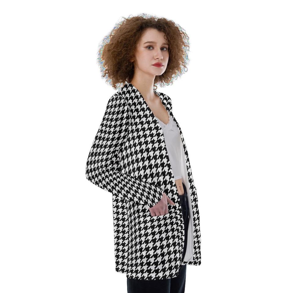 Black & White Houndstooth All-Over Print Women's Patch Cardigan