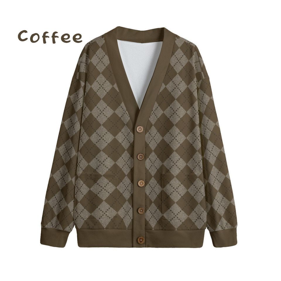 Ode to Brown Argyle Diamond Print Unisex V-Neck Print Cardigan