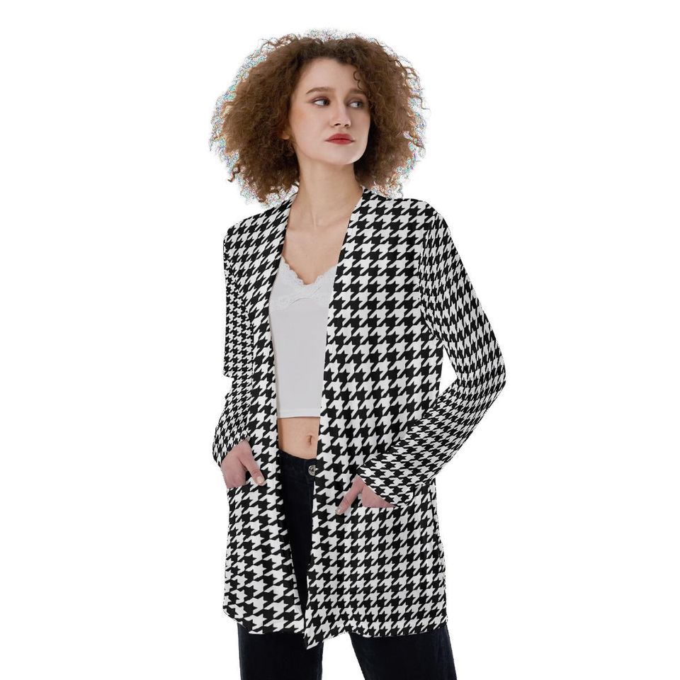 Black & White Houndstooth All-Over Print Women's Patch Cardigan